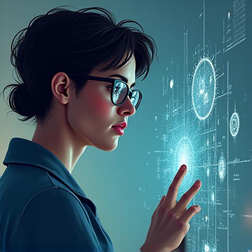 A journalist thoughtfully examining star charts and complex scientific data on a holographic display, symbolizing in-depth research and reporting.