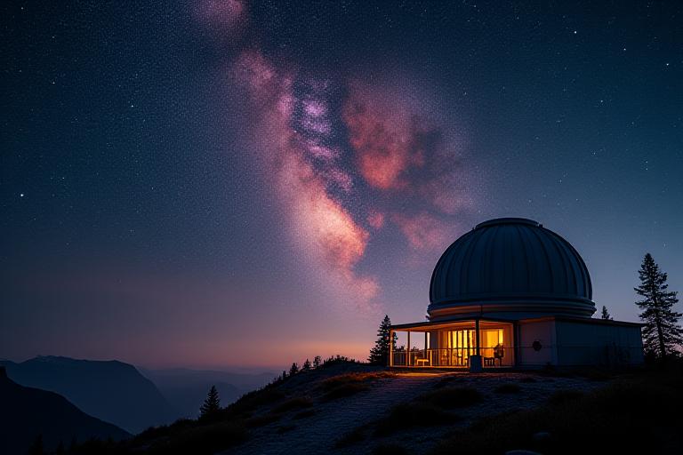 Observatory under a starry night sky with a vibrant nebula in the background, symbolizing exploration and discovery.