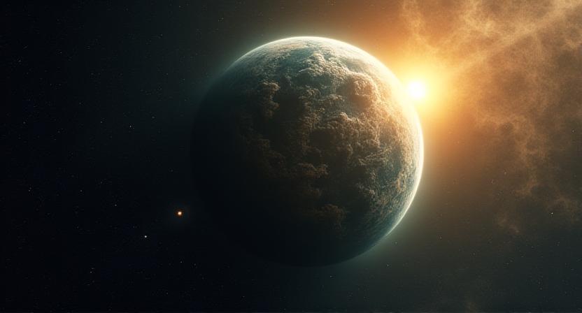 Artist impression of an exoplanet WASP-39b orbiting its star with distinct cloud formations, as observed by the James Webb Telescope.