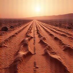 Tracks left by the Mars Perseverance Rover on the dusty red Martian surface, showing a core sample point.