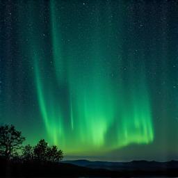 Vibrant green meteors streaking across a dark, star-filled night sky over a tranquil landscape.